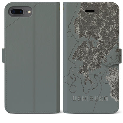 【牛深（熊本県）】地図柄iPhoneケース（手帳タイプ）モノトーン・iPhone 8Plus /7Plus / 6sPlus / 6Plus 用