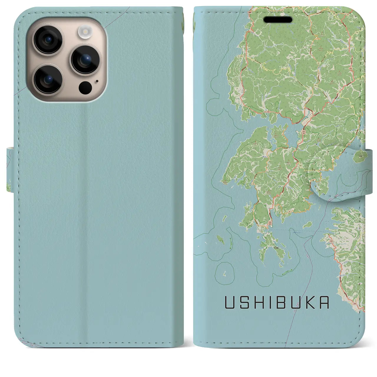 【牛深（熊本県）】地図柄iPhoneケース（手帳タイプ）ナチュラル・iPhone 16 Plus 用