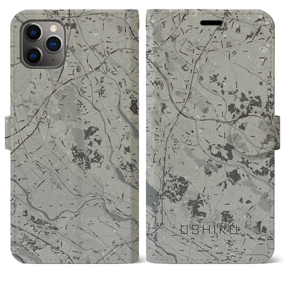 【牛久（茨城県）】地図柄iPhoneケース（手帳タイプ）モノトーン・iPhone 11 Pro Max 用