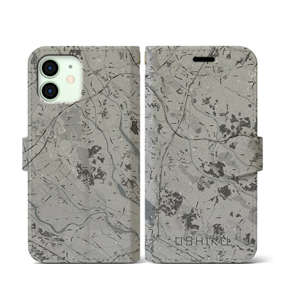 【牛久（茨城県）】地図柄iPhoneケース（手帳タイプ）モノトーン・iPhone 12 mini 用