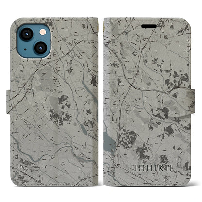 【牛久（茨城県）】地図柄iPhoneケース（手帳タイプ）モノトーン・iPhone 13 用