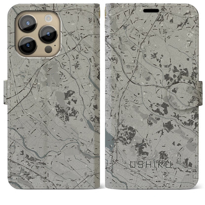 【牛久（茨城県）】地図柄iPhoneケース（手帳タイプ）モノトーン・iPhone 14 Pro Max 用