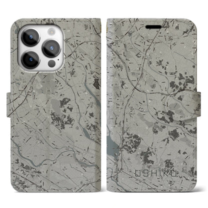 【牛久（茨城県）】地図柄iPhoneケース（手帳タイプ）モノトーン・iPhone 14 Pro 用