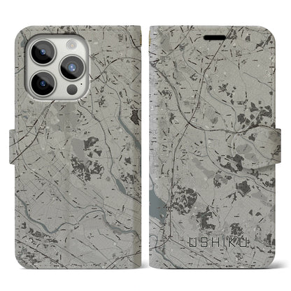 【牛久（茨城県）】地図柄iPhoneケース（手帳タイプ）モノトーン・iPhone 15 Pro 用