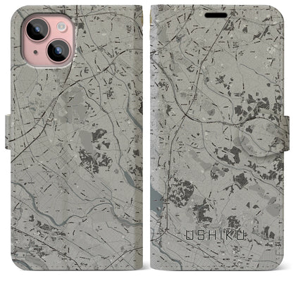 【牛久（茨城県）】地図柄iPhoneケース（手帳タイプ）モノトーン・iPhone 15 Plus 用