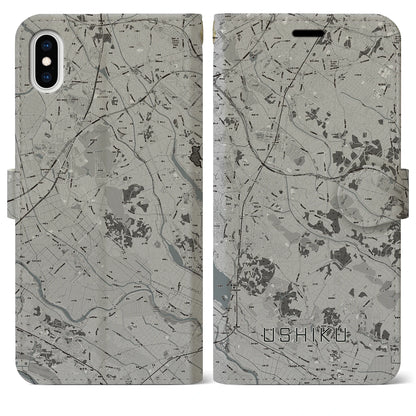 【牛久（茨城県）】地図柄iPhoneケース（手帳タイプ）モノトーン・iPhone XS Max 用