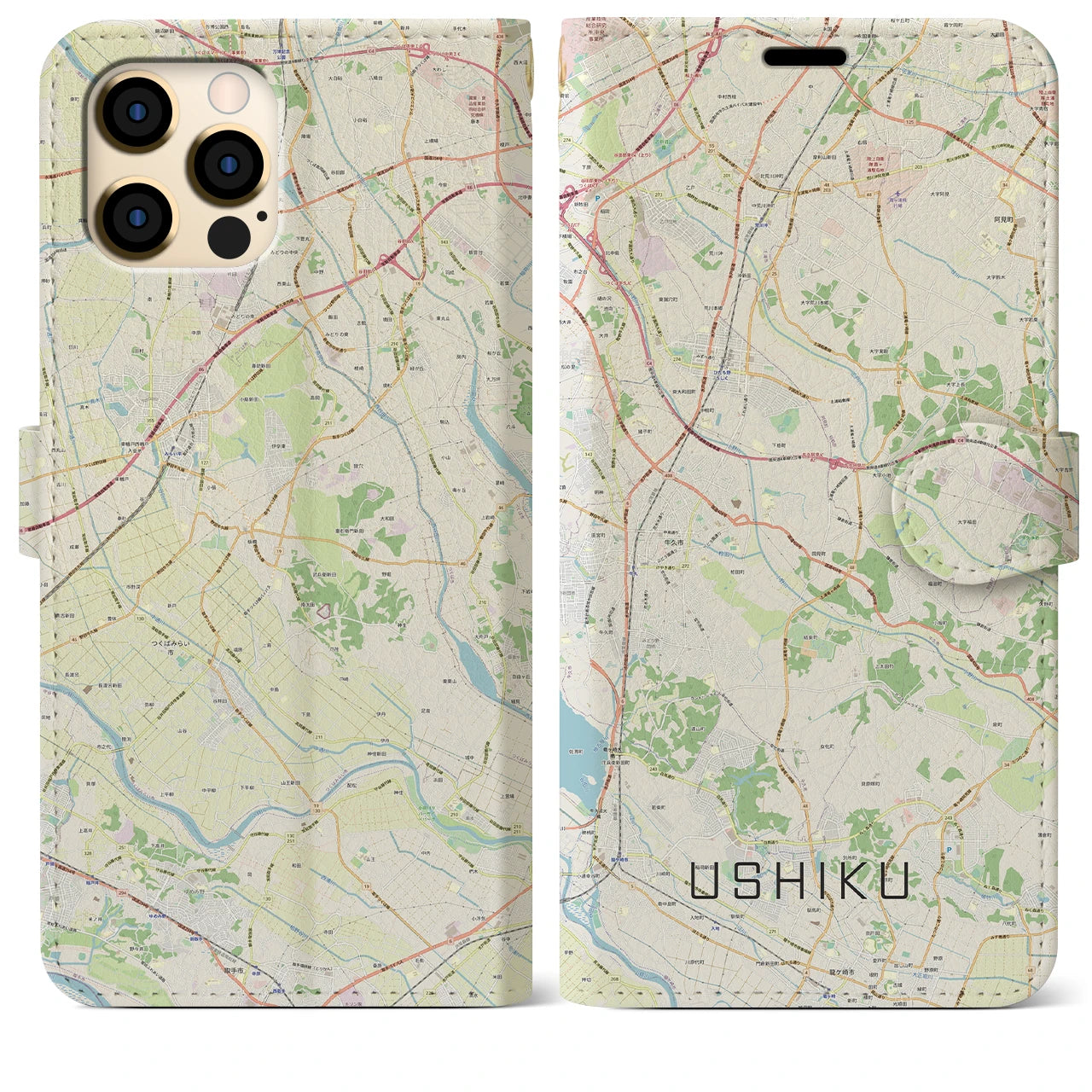 【牛久】地図柄iPhoneケース（手帳両面タイプ・ナチュラル）iPhone 12 Pro Max 用