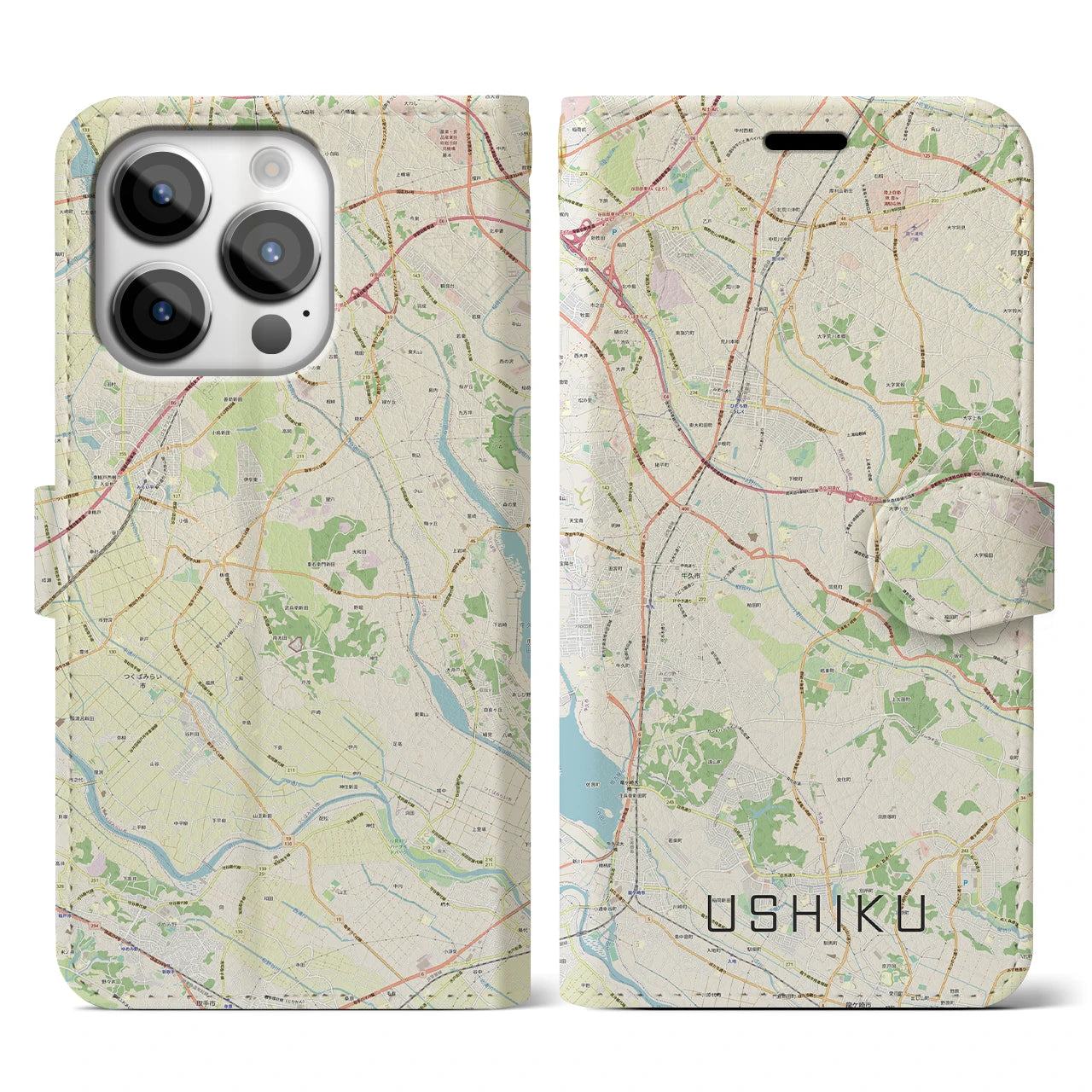 【牛久】地図柄iPhoneケース（手帳両面タイプ・ナチュラル）iPhone 14 Pro 用