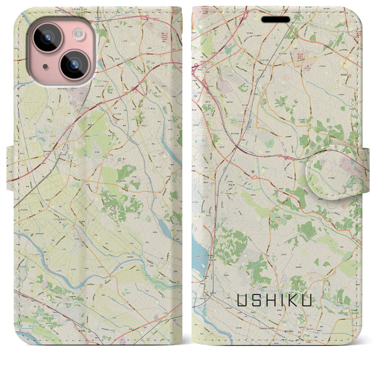【牛久】地図柄iPhoneケース（手帳両面タイプ・ナチュラル）iPhone 15 Plus 用