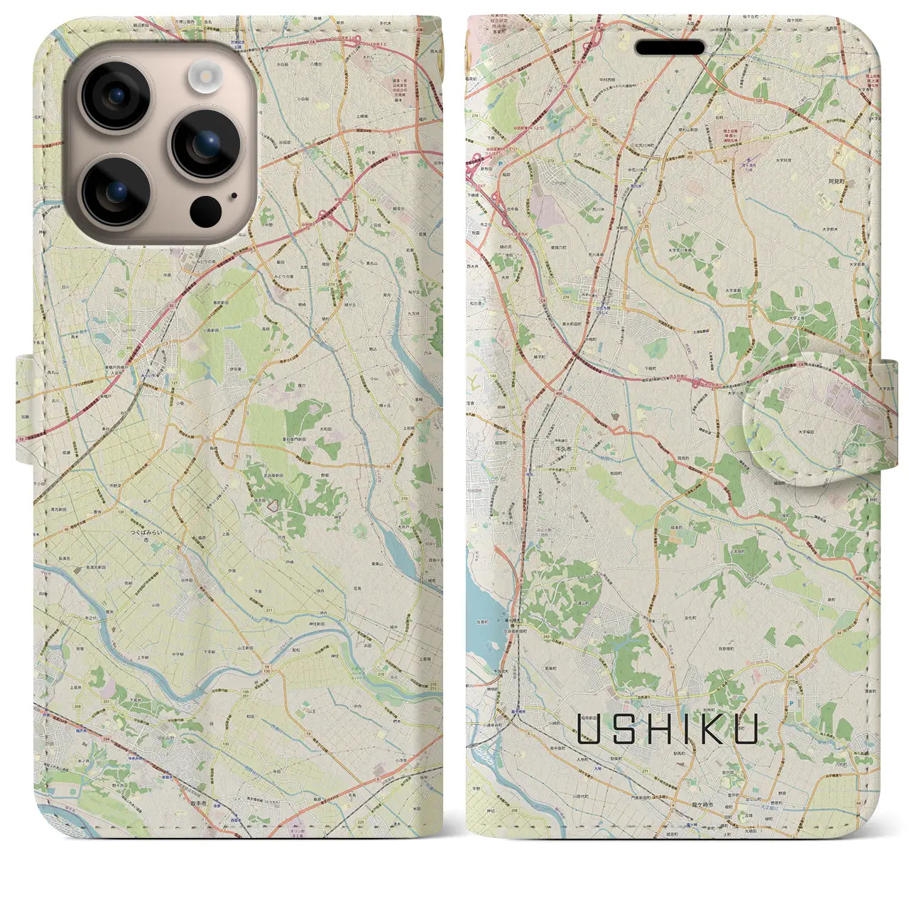 【牛久（茨城県）】地図柄iPhoneケース（手帳タイプ）ナチュラル・iPhone 16 Plus 用