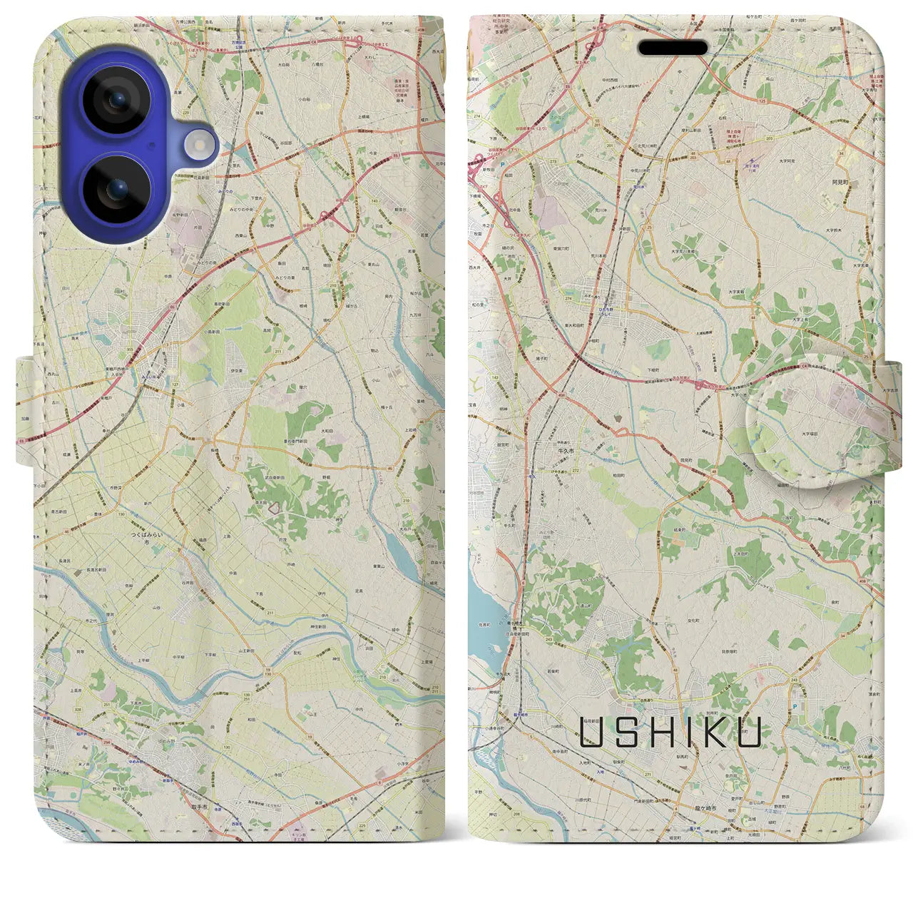 【牛久（茨城県）】地図柄iPhoneケース（手帳タイプ）ナチュラル・iPhone 16 Pro Max 用