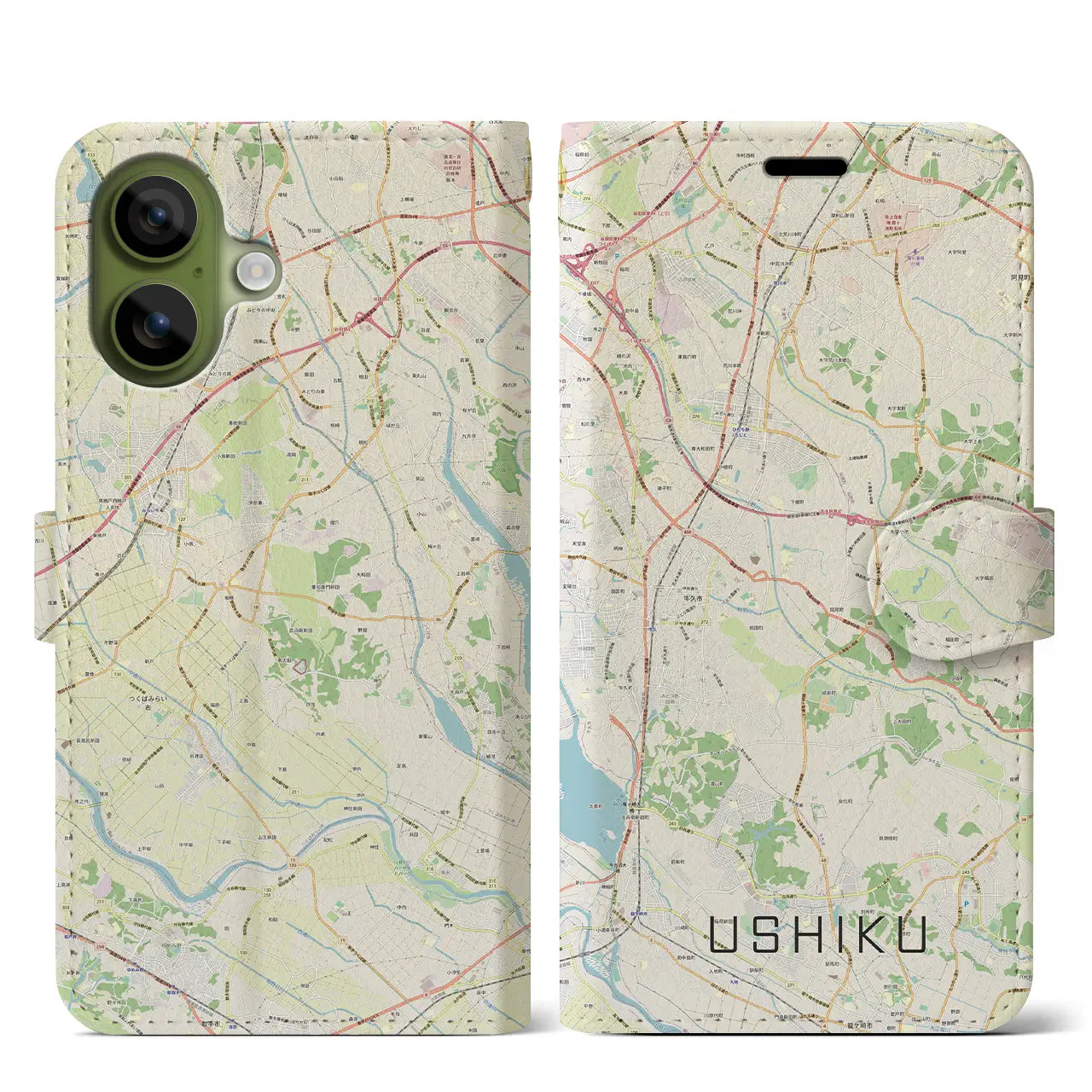 【牛久（茨城県）】地図柄iPhoneケース（手帳タイプ）モノトーン・iPhone 17 Pro Max 用