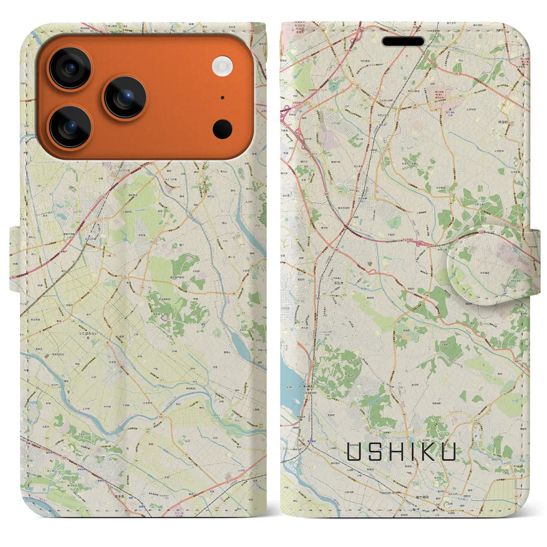 【牛久（茨城県）】地図柄iPhoneケース（手帳タイプ）ナチュラル・iPhone 17 Pro Max 用
