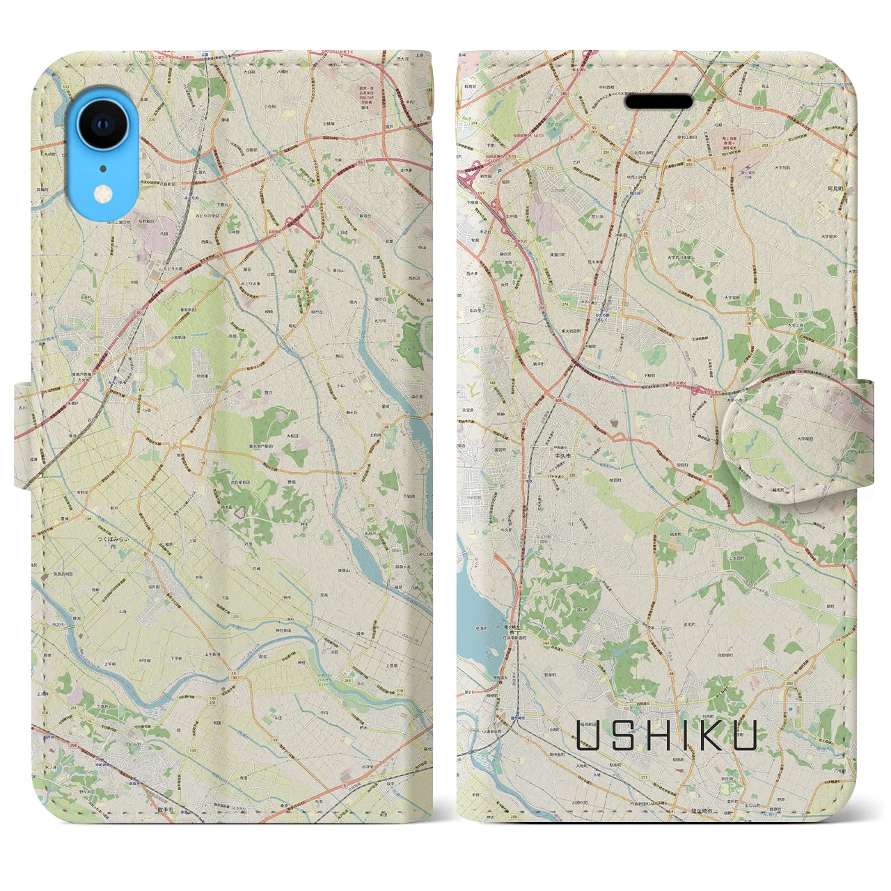 【牛久】地図柄iPhoneケース（手帳両面タイプ・ナチュラル）iPhone XR 用