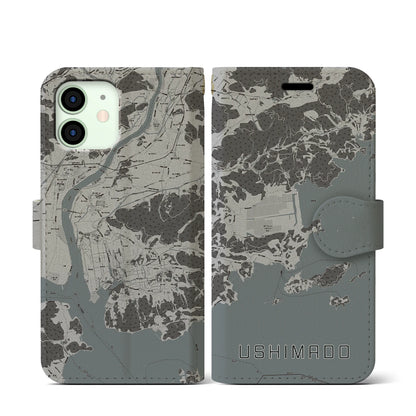 【牛窓（岡山県）】地図柄iPhoneケース（手帳タイプ）モノトーン・iPhone 12 mini 用