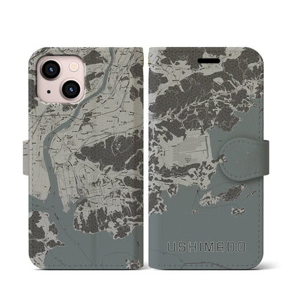 【牛窓（岡山県）】地図柄iPhoneケース（手帳タイプ）モノトーン・iPhone 13 mini 用