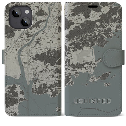 【牛窓（岡山県）】地図柄iPhoneケース（手帳タイプ）モノトーン・iPhone 14 Plus 用