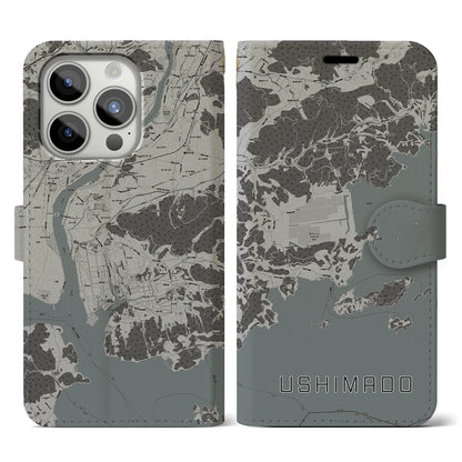 【牛窓（岡山県）】地図柄iPhoneケース（手帳タイプ）モノトーン・iPhone 15 Pro 用