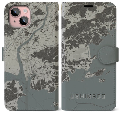 【牛窓（岡山県）】地図柄iPhoneケース（手帳タイプ）モノトーン・iPhone 15 Plus 用