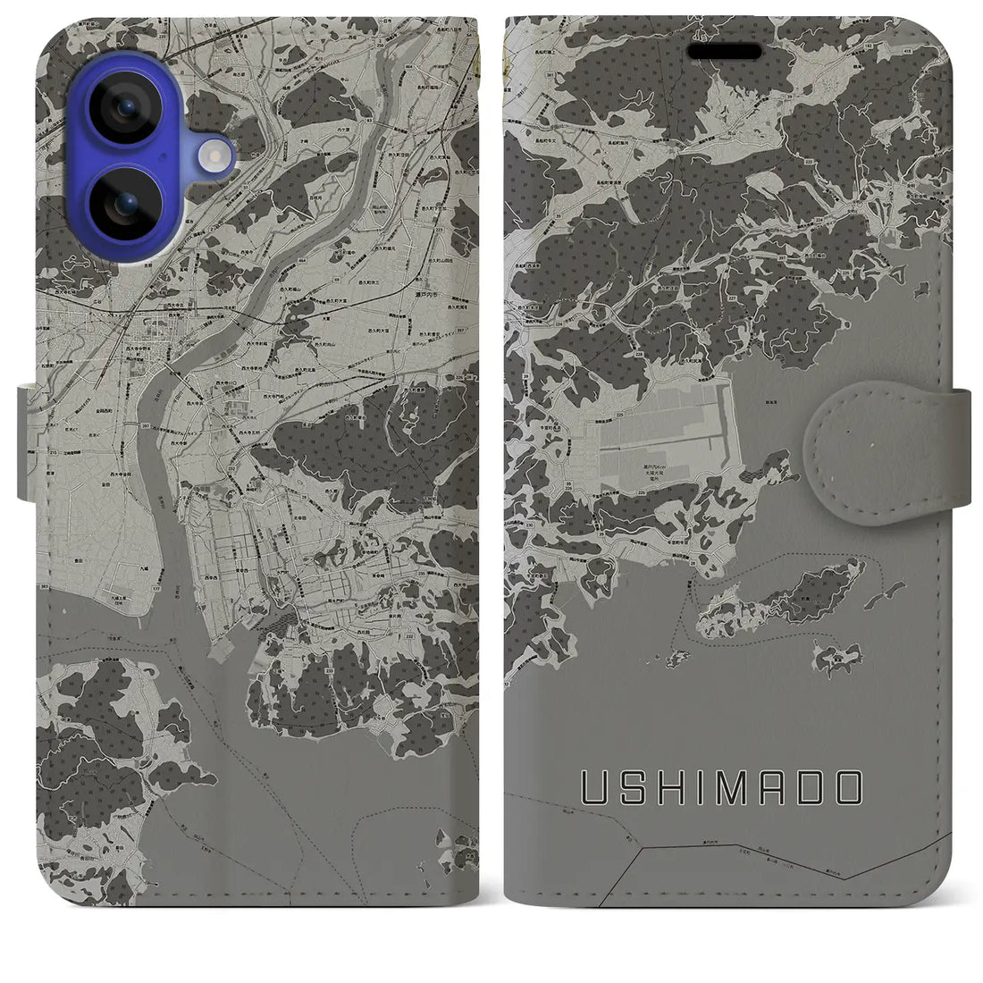 【牛窓(岡山県)】地図柄iPhoneケース(手帳タイプ)モノトーン・iPhone 16 Pro Max 用