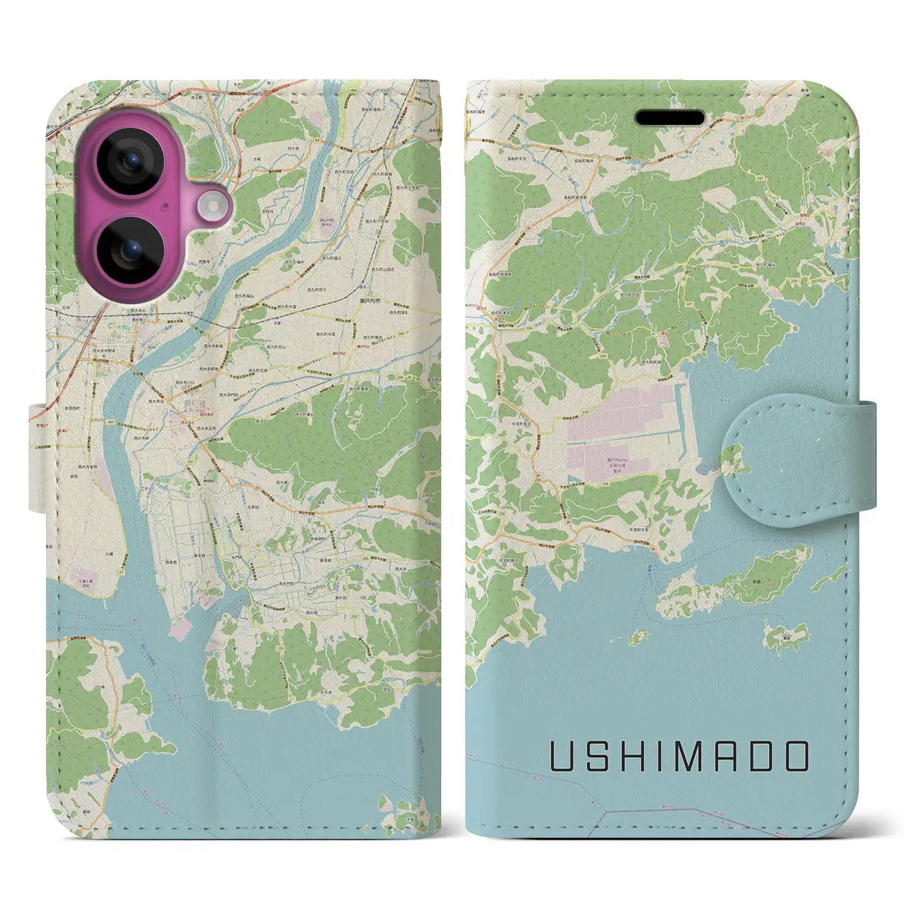 【牛窓（岡山県）】地図柄iPhoneケース（手帳タイプ）ナチュラル・iPhone 16 Pro 用