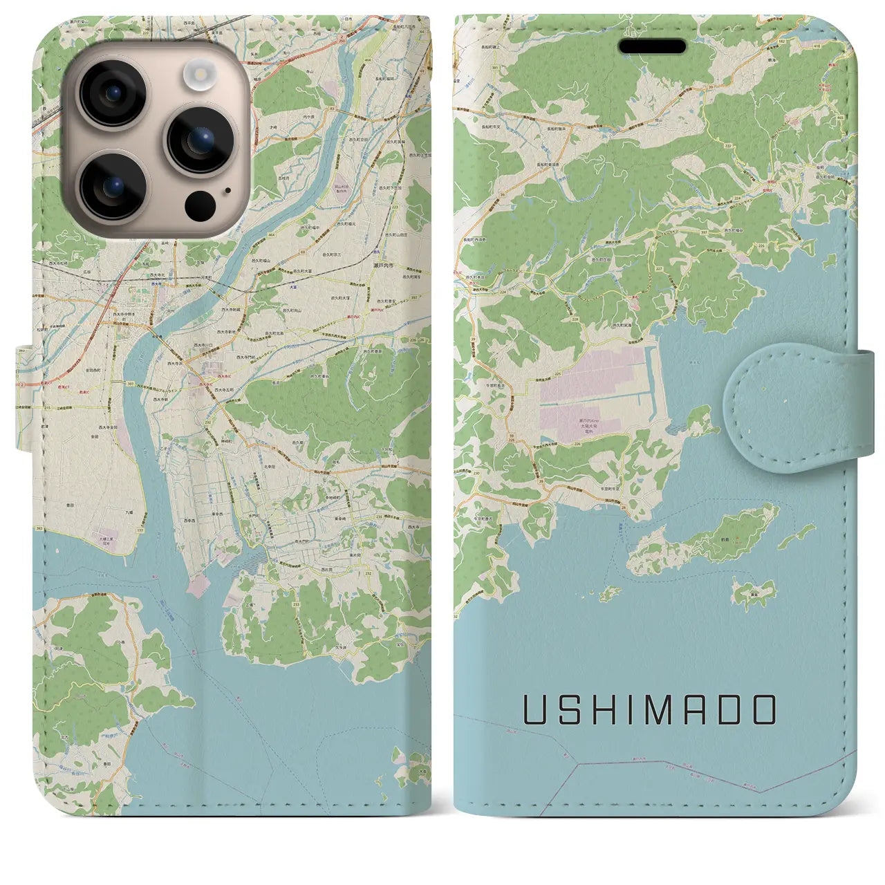 【牛窓（岡山県）】地図柄iPhoneケース（手帳タイプ）ナチュラル・iPhone 16 Plus 用