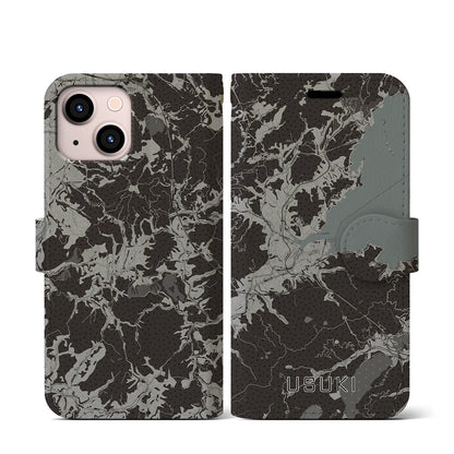 【臼杵（大分県）】地図柄iPhoneケース（手帳タイプ）モノトーン・iPhone 13 mini 用