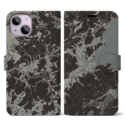 【臼杵（大分県）】地図柄iPhoneケース（手帳タイプ）モノトーン・iPhone 14 用