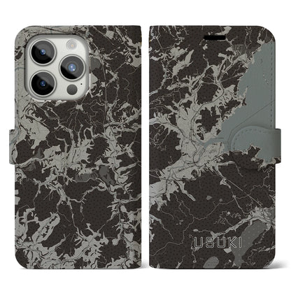 【臼杵（大分県）】地図柄iPhoneケース（手帳タイプ）モノトーン・iPhone 15 Pro 用