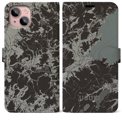 【臼杵（大分県）】地図柄iPhoneケース（手帳タイプ）モノトーン・iPhone 15 Plus 用