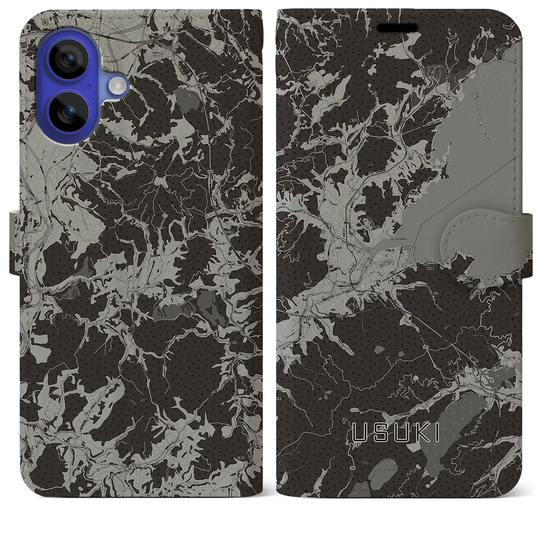 【臼杵(大分県)】地図柄iPhoneケース(手帳タイプ)モノトーン・iPhone 16 Pro Max 用