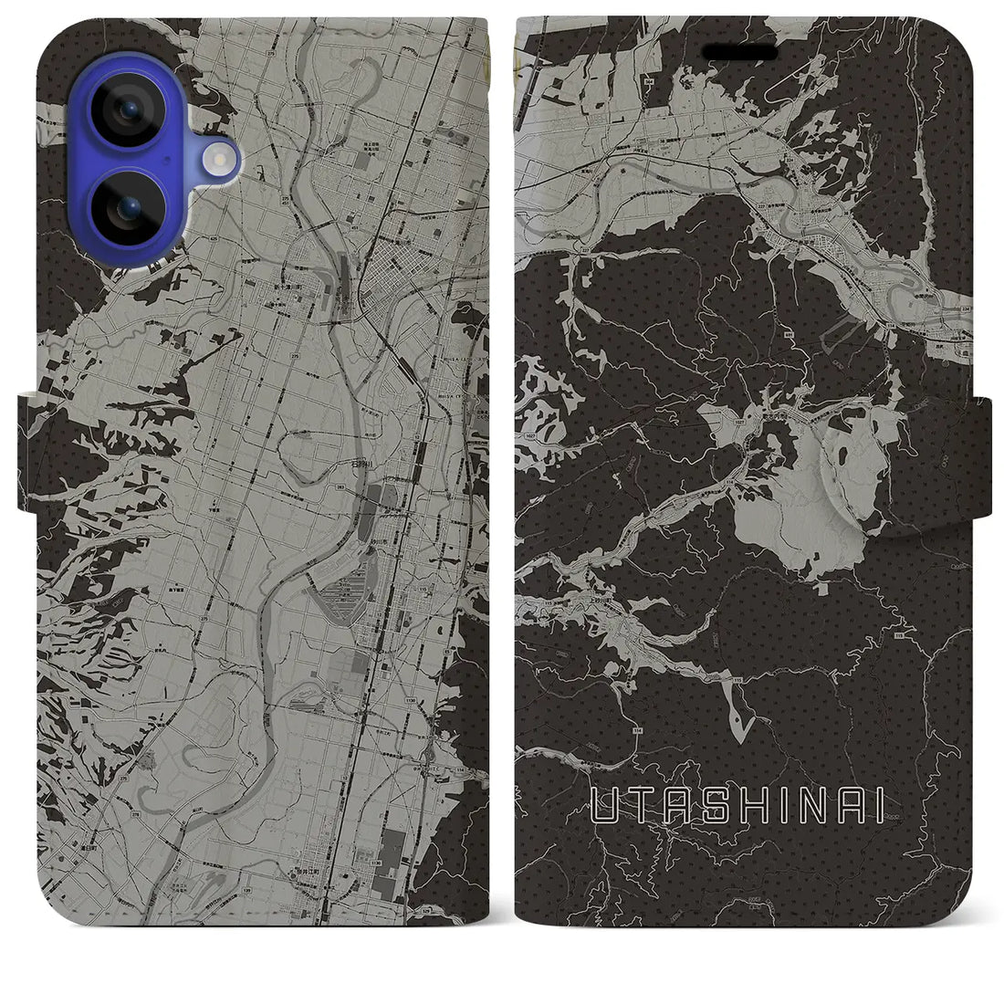 【歌志内(北海道)】地図柄iPhoneケース(手帳タイプ)モノトーン・iPhone 16 Pro Max 用