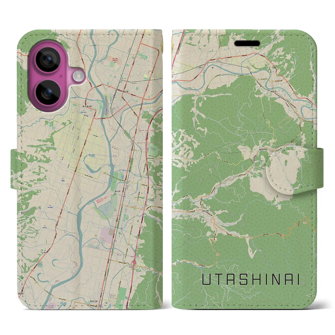 【歌志内（北海道）】地図柄iPhoneケース（手帳タイプ）ナチュラル・iPhone 16 Pro 用