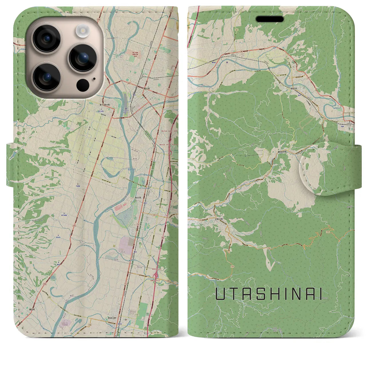 【歌志内（北海道）】地図柄iPhoneケース（手帳タイプ）ナチュラル・iPhone 16 Plus 用