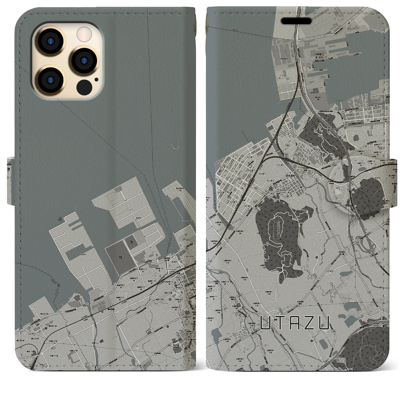 【宇多津】地図柄iPhoneケース（手帳両面タイプ・モノトーン）iPhone 12 Pro Max 用