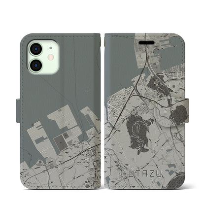 【宇多津（香川県）】地図柄iPhoneケース（手帳タイプ）モノトーン・iPhone 12 mini 用