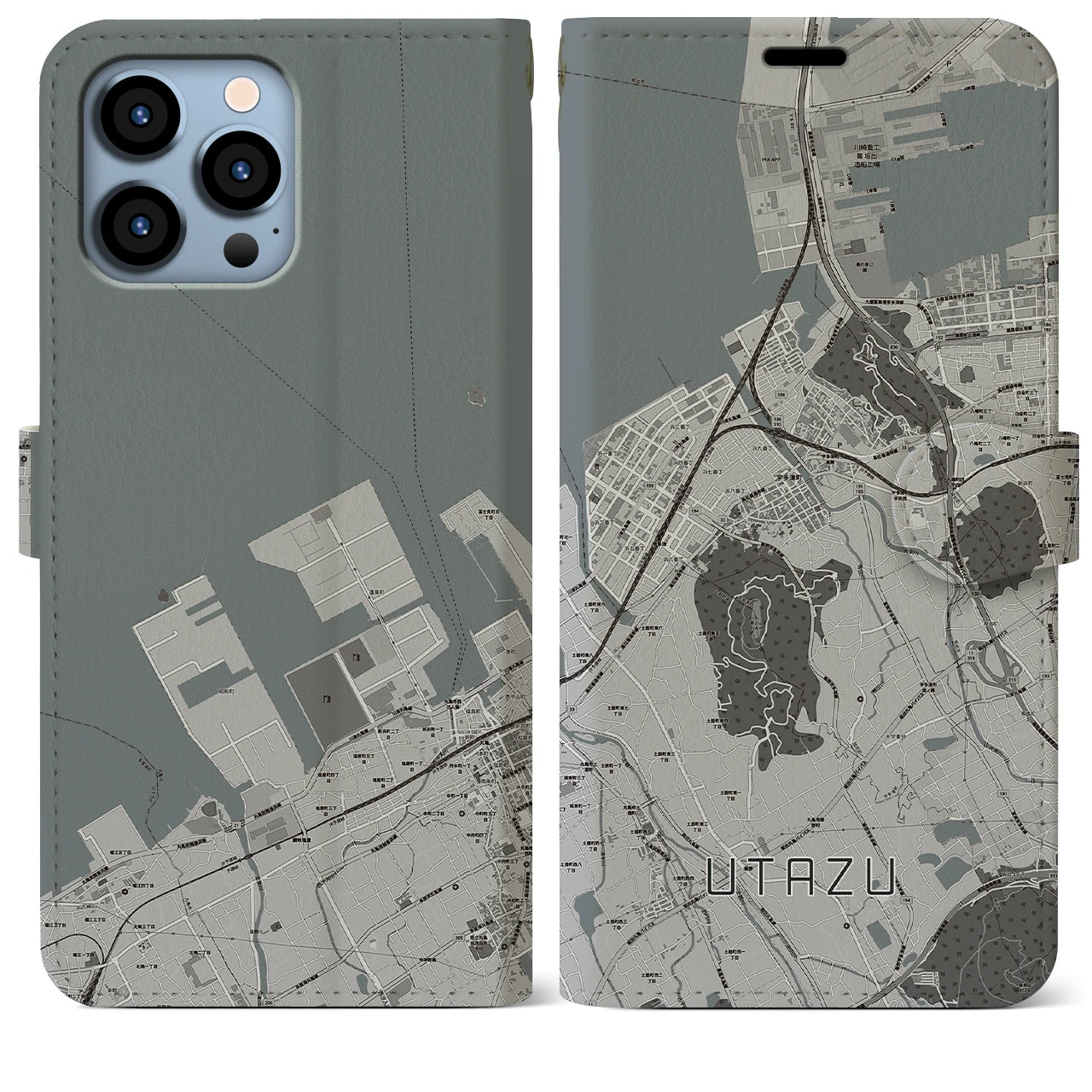 【宇多津】地図柄iPhoneケース（手帳両面タイプ・モノトーン）iPhone 13 Pro Max 用