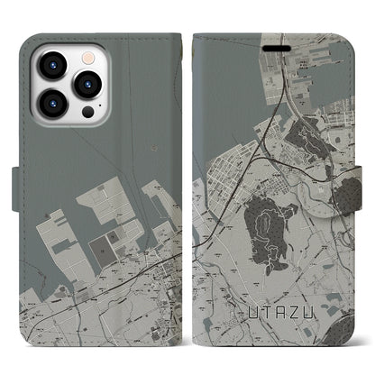【宇多津（香川県）】地図柄iPhoneケース（手帳タイプ）モノトーン・iPhone 13 Pro 用