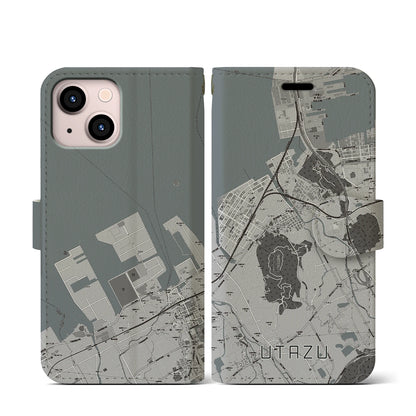 【宇多津（香川県）】地図柄iPhoneケース（手帳タイプ）モノトーン・iPhone 13 mini 用