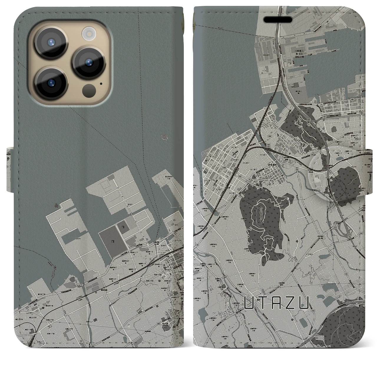 【宇多津】地図柄iPhoneケース（手帳両面タイプ・モノトーン）iPhone 14 Pro Max 用