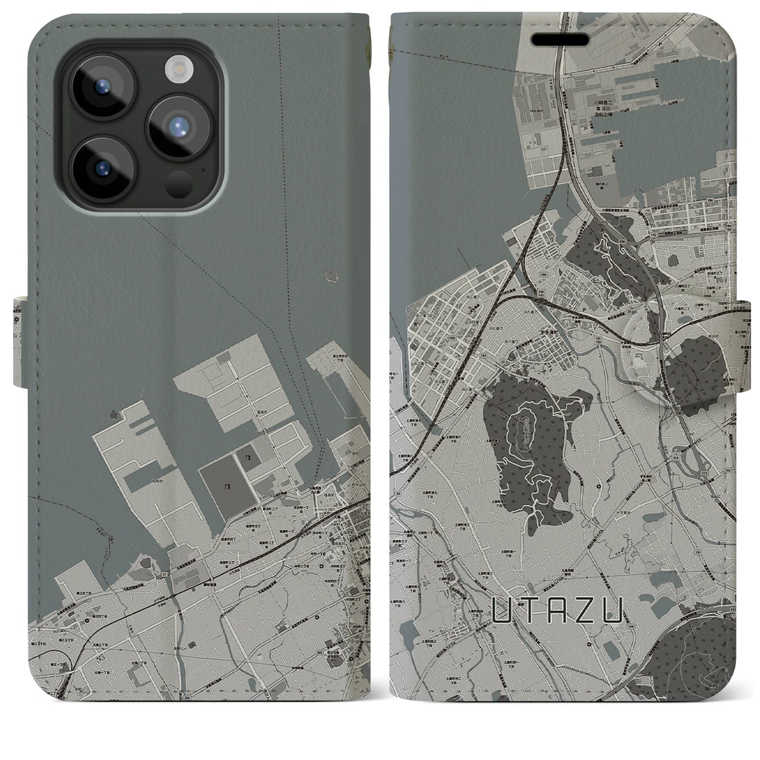【宇多津】地図柄iPhoneケース（手帳両面タイプ・モノトーン）iPhone 15 Pro Max 用