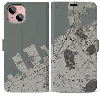 【宇多津（香川県）】地図柄iPhoneケース（手帳タイプ）モノトーン・iPhone 15 Plus 用