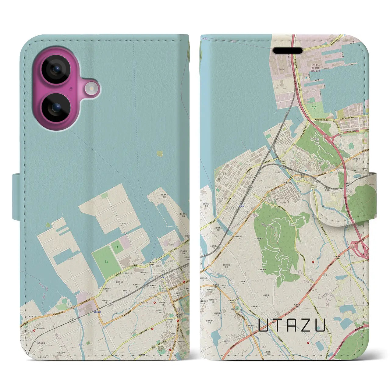 【宇多津（香川県）】地図柄iPhoneケース（手帳タイプ）ナチュラル・iPhone 16 Pro 用