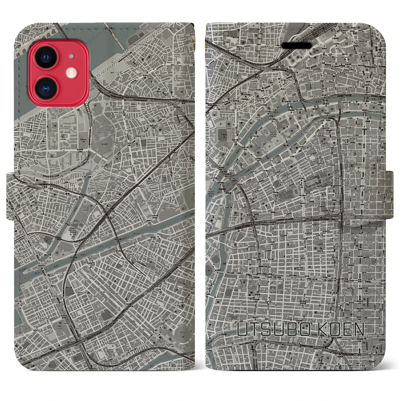 【靱公園（大阪府）】地図柄iPhoneケース（手帳タイプ）モノトーン・iPhone 11 用