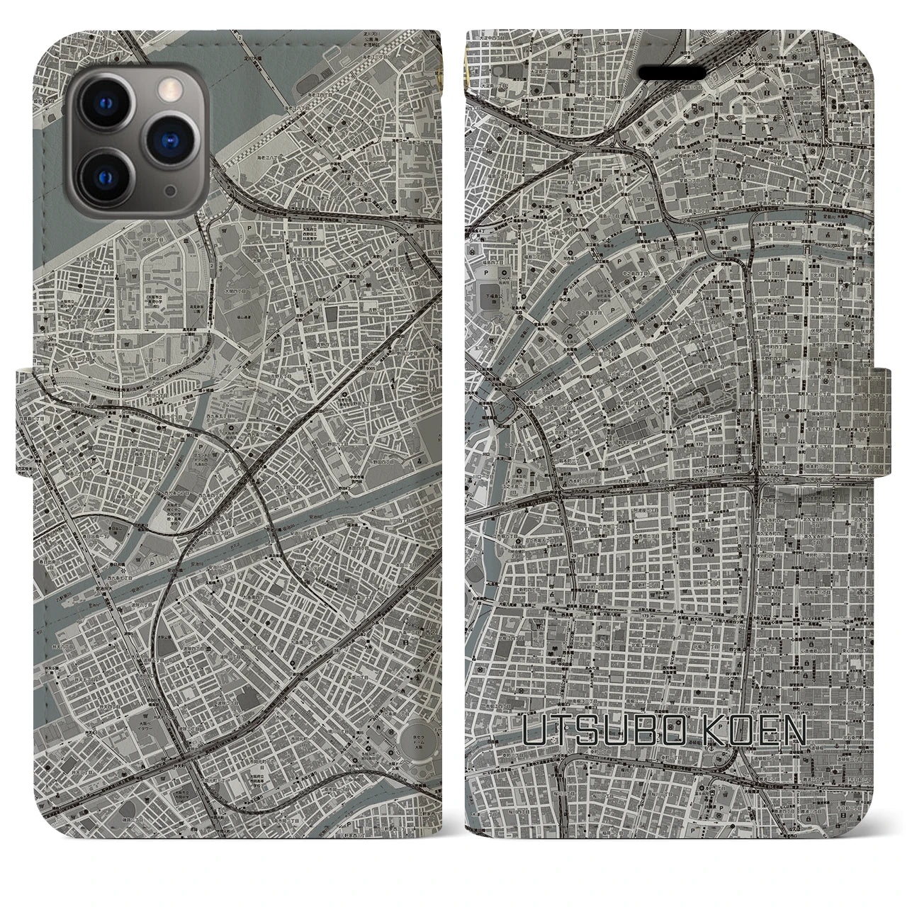 【靱公園（大阪府）】地図柄iPhoneケース（手帳タイプ）モノトーン・iPhone 11 Pro Max 用