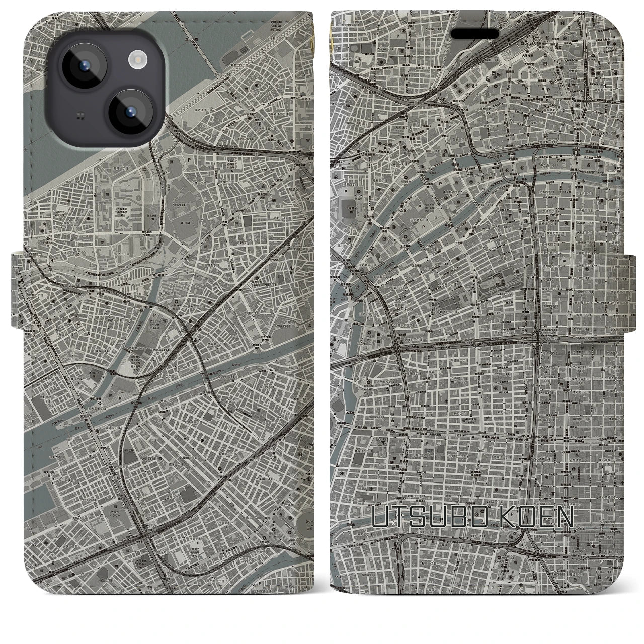 【靱公園（大阪府）】地図柄iPhoneケース（手帳タイプ）モノトーン・iPhone 14 Plus 用