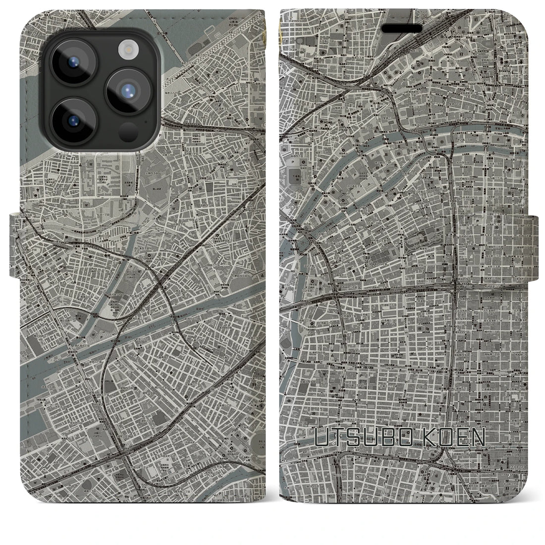 【靱公園】地図柄iPhoneケース（手帳両面タイプ・モノトーン）iPhone 15 Pro Max 用