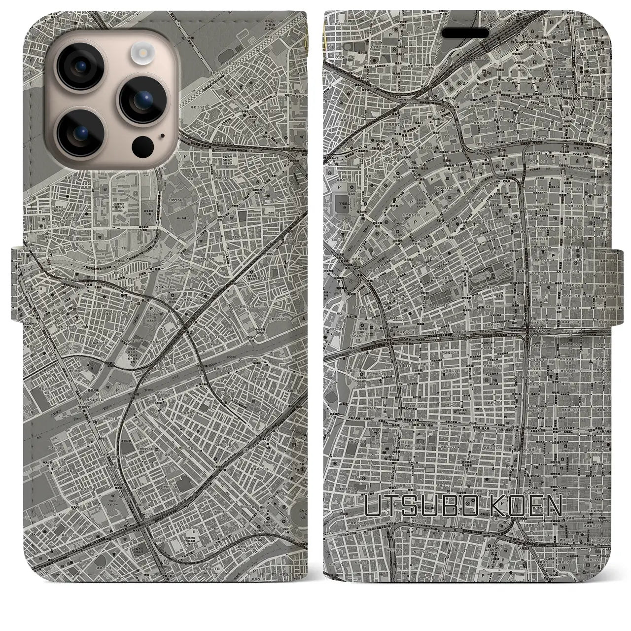 【靱公園（大阪府）】地図柄iPhoneケース（手帳タイプ）モノトーン・iPhone 16 Plus 用