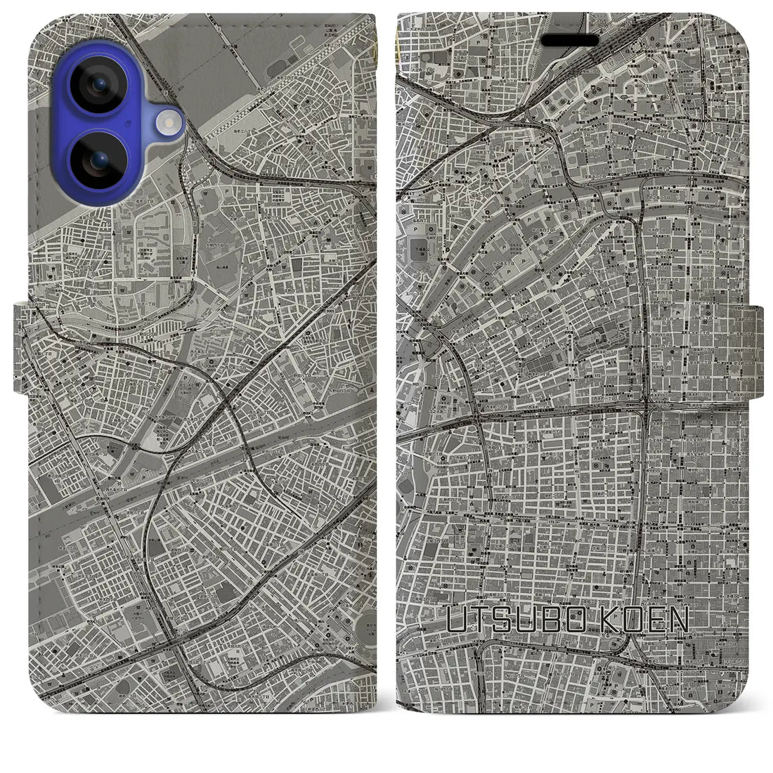 【靱公園(大阪府)】地図柄iPhoneケース(手帳タイプ)モノトーン・iPhone 16 Pro Max 用
