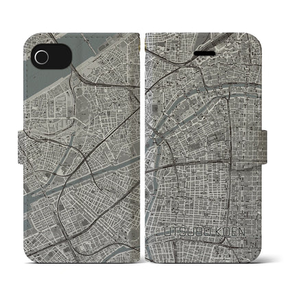 【靱公園（大阪府）】地図柄iPhoneケース（手帳タイプ）モノトーン・iPhone SE（第3 / 第2世代） / 8 / 7 / 6s / 6 用